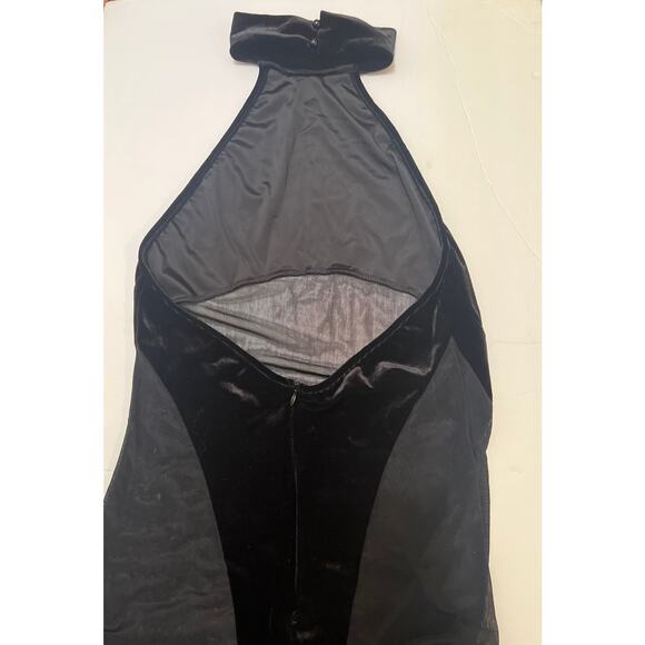 Black Contrast Mesh Velvet Sheer Halter Neck Open Back Flare Leg Jumpsuit Size L - Picture 11 of 13
